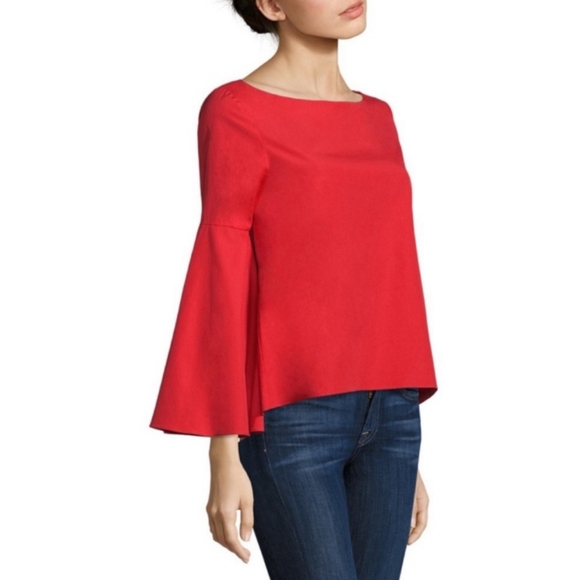 ALICE + OLIVIA BELL SLEEVE, SPLIT BACK BOAT NECK BLOUSE IN POPPY **NWT** (M) - Picture 3 of 3